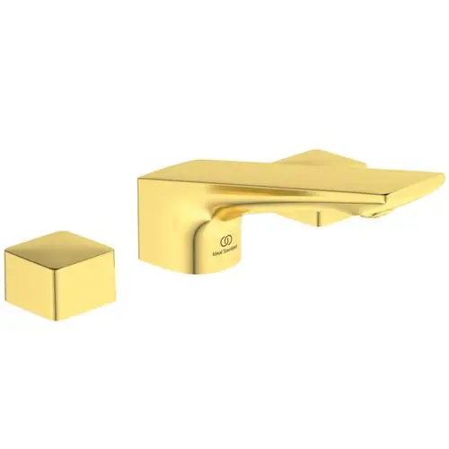 Waschtischarmatur in Goldoptik von Ideal Standard mit einer quadratischen Form und einem seitlichen Hebel zur Steuerung des Wasserflusses.